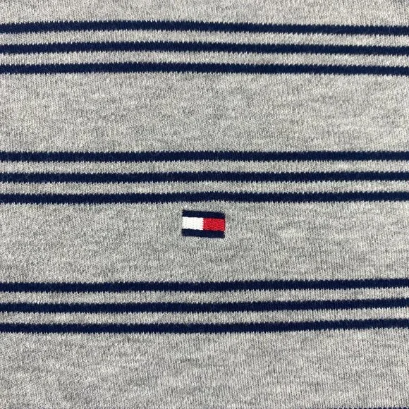 Tommy Hilfiger Polo Shirt Men Large L Gray Blue Striped Casual Golf Embroidered - Picture 2 of 8